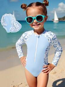 少女度假沙滩植物印花拼接连体泳衣带短裤套装 - 藍色 - 查看 3