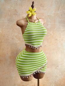 Mistrie Conjunto de 2 piezas con top halter con ribete de concha a rayas y minifalda para mujer - Verde - Ver 5