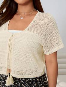 Solflare 3pcs Set:Plus Size Black And White Summer Boho Vacation Holiday Apricot Crochet Tie Top,White Knit Tube Top,Floral Layered Ruffle Midi Skirt Outfit - Multicolor - View 4
