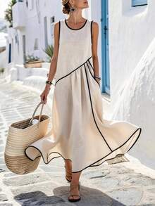 SHEIN Holidaya Women's Casual Vacation Contrast Trim Single Pocket Dress, Casual Long Dress, Spring/Summer Dress Women Vacation Dress Vacation Dinner Dress Summer Elegant Dress Beach Long Dress - Apricot - View 5