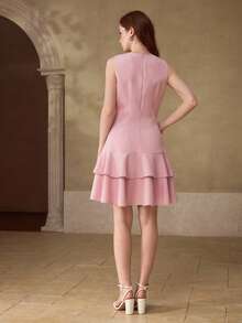 MOTF PREMIUM ASYMMETRICAL HEM MINIMALIST ROUND NECK SHORT DRESS - Pink - View 3