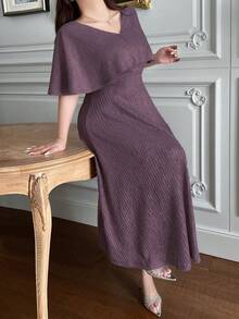 Dazy Plus Vestido de fiesta de manga larga con cuello en V y volantes, 2 en 1 para estilizar la cintura, talla grande, vestido de verano - Morado - Ver 3