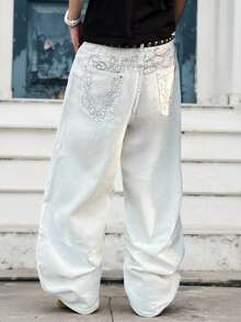 Manfinity EMRG Men's Street Fashion Casual Embroidered Loose Wide-Leg Jeans White Baggy Jeans Baggy Vintage Washed Distressed Jeans For Unisex - White - View 1