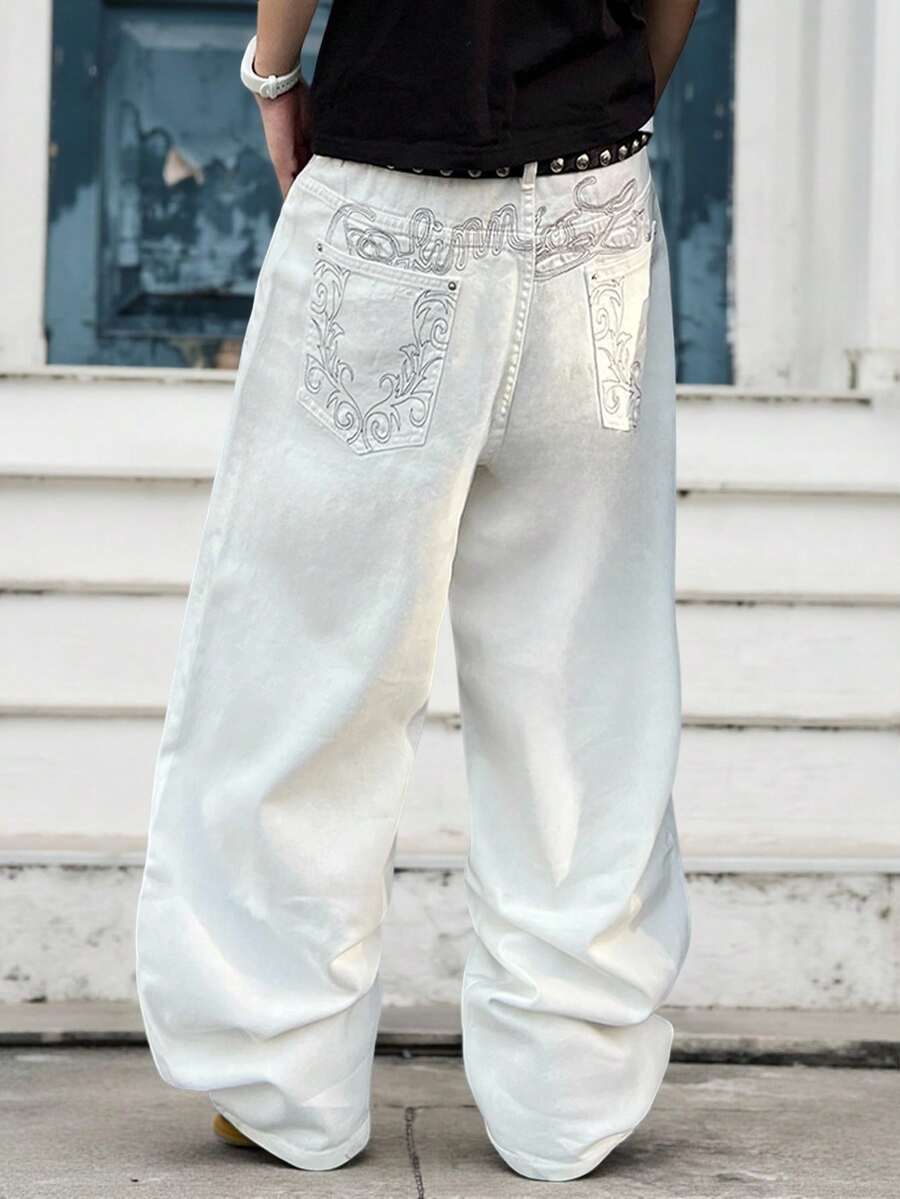 Manfinity EMRG Men's Street Fashion Casual Embroidered Loose Wide-Leg Jeans White Baggy Jeans Baggy Vintage Washed Distressed Jeans For Unisex - White - View 1