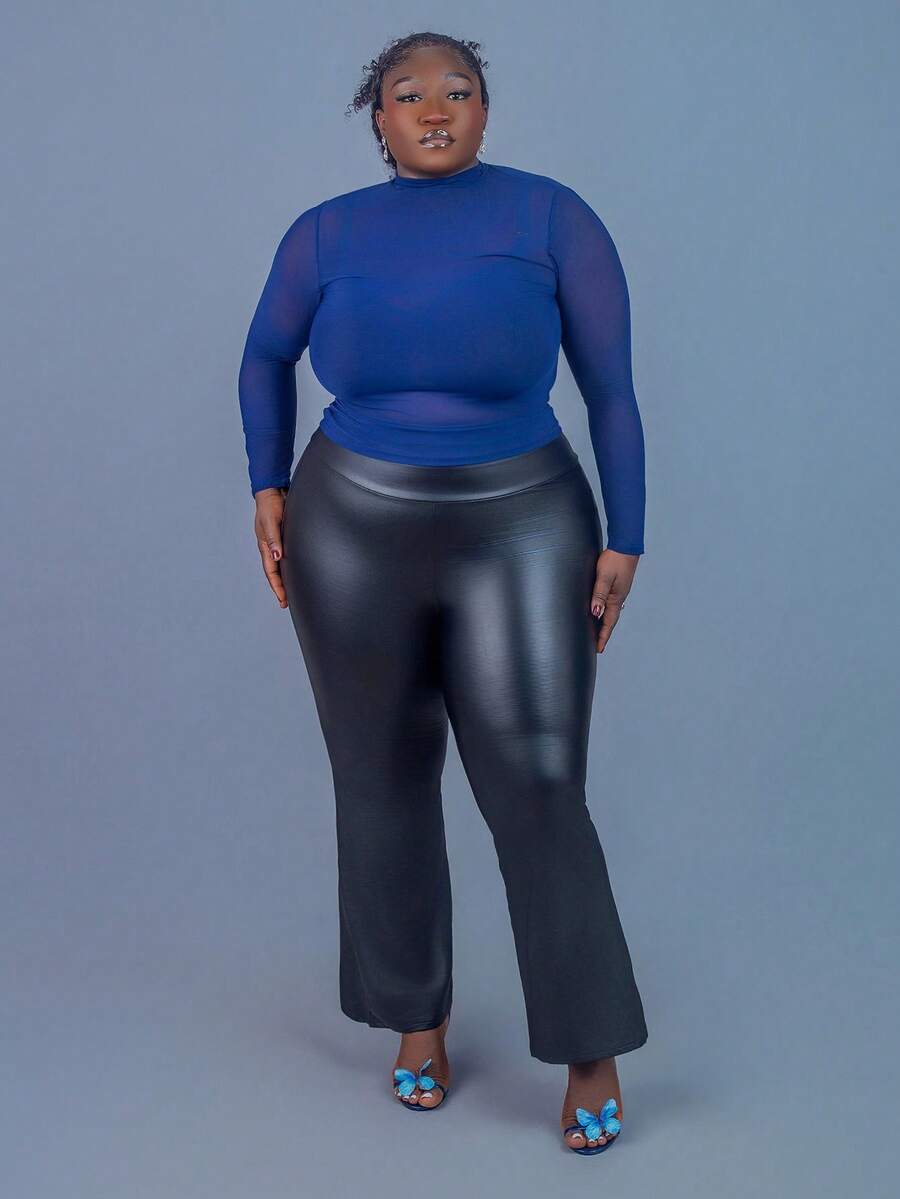 CurvyTilda 加大立领透视网眼上衣（无抹胸） - 寶藍色 - 查看 1