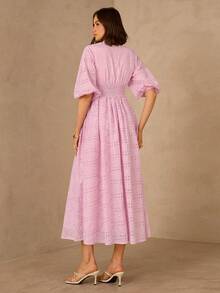 Enchnt 女士夏季度假镂空刺绣腰部荷叶袖连衣裙 - 粉色 - 查看 5