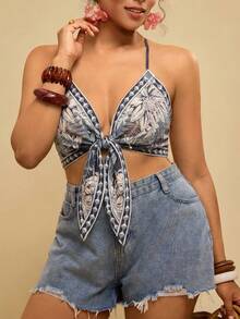 Travachic Áo hai dây cỡ lớn dành cho nữ, in họa tiết hoa, thiết kế xoắn, xếp ly, thích hợp cho các buổi hẹn hò và đi chơi. - Nhiều màu - Xem 4