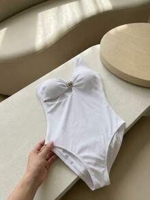 Swim Chiccia Maillot de bain sans fil ajouré avec design de col asymétrique - Blanc - Voir 3