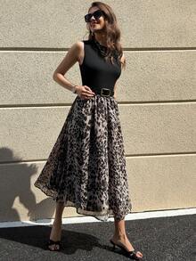 Solivie 女士休闲无袖豹纹拼接中长连衣裙 - 黑色 - 查看 4