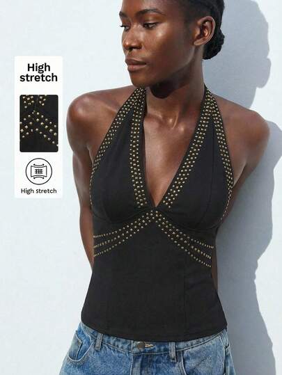 Maija Black Halter Crop Top For Women, Modern Urban Style, Suitable For Party, Casual Outing, Summer Top, Summer For Women, Spring Women , Party , Summer Holidays , Vacations For Women , Modern City, Hot Stamping Process St Patrick's Day Women Easter Summer Easter Party Top Beach Summer Holidays Each Vacations For Women Summer For Women Going Out Graduation Casual Top For Women