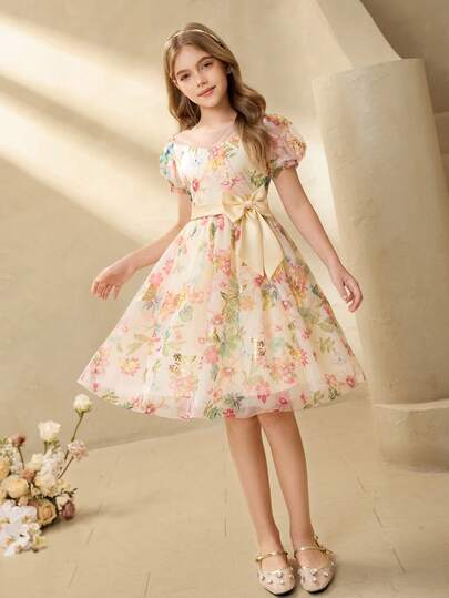 Children's Evening Dress Princess Gown Flower Girl Wedding Dress, Girls Petal Sleeve Dress, High-End Flower Girl/Piano Recital Performance Outfit