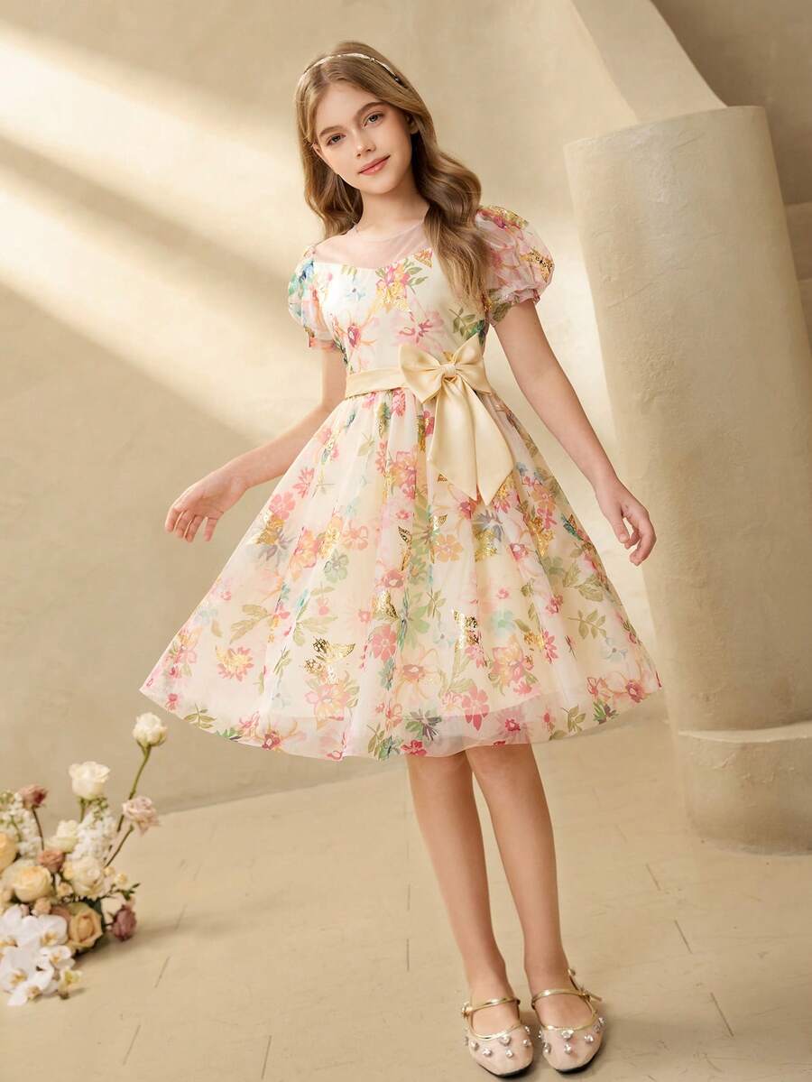 儿童晚礼服公主裙花童婚礼礼服,女童花瓣袖连衣裙,高端花童/钢琴演奏会演出服 - 香檳色 - 查看 1
