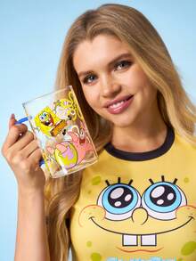 SpongeBob SquarePants | SHEIN 1个 27.1盎司/800毫升 可爱卡通图案印花硼硅酸盐玻璃杯，耐冷耐热，适用于牛奶、果汁、咖啡等。 - 無色 - 查看 4
