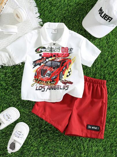 SHEIN 2件套男婴可爱街头时尚休闲赛车图案短袖衬衫和短裤套装，夏季