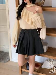 DAZY Women's Tie-Up Off-Shoulder Korean Style Ruffle Trim Blouse - White - View 5