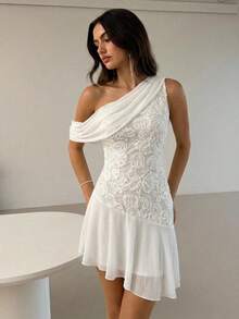Aloruh Women's Casual Elegant Off-Shoulder Jacquard Patchwork Dress/White Mini Skirt, Romantic Wedding Guest Outfit, Birthday Party/Graduation Ceremony Dress, Summer Mini Skirt, Beach Holiday Mini Dress Women One Piece Dress Wow Dress Womans Dress - White - View 5