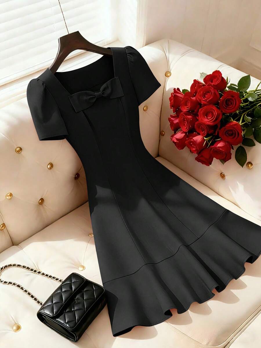 SHEIN Franclia 女士优雅纯色蝴蝶结装饰夏季连衣裙 - 黑色 - 查看 1