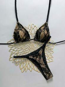 Swim Chiccia Bộ bikini ren gợi cảm mới dành cho nữ, áo tắm hai mảnh cúp ngực tam giác dây mảnh, bộ bikini 2 mảnh ren, áo tắm gợi cảm, bộ bikini 2 mảnh. - màu đen - Xem 4