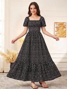 SHEIN 少女編織泡泡短袖連衣裙，小花紋，方領和褶皺 - 黑色 - 查看 2