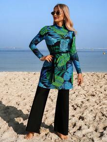SHEIN Swim Mulvari 女士春夏新款布基尼两件套，含腰带，时尚端庄显瘦大叶绿色印花休闲中东度假风长袖长裤布基尼套装 - 彩色 - 查看 4