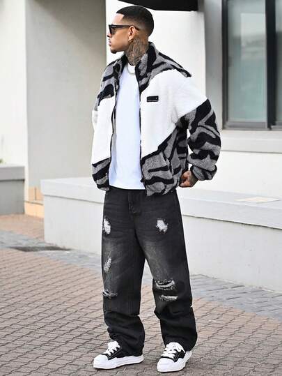 Devon Thys 男士抓绒拉链翻领字母图案防风外套/户外防风外套/派克大衣/冬季外套，适合秋冬休闲街头穿着的拉链外套