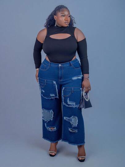 CurvyTilda 大码女式街头休闲破洞牛仔裤