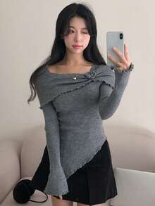 DAZY Women Off-Shoulder 3D Floral Long Sleeve Fitted Asymmetrical Cropped Sweater - Grey - View 1