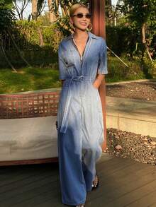 DAZY Mono vaquero casual de mujer con cuello de solapa, manga corta, cintura ceñida y silueta recta suelta - Azul lavado medio - Ver 4