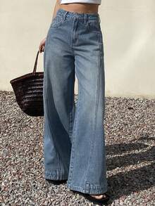 DAZY Jeans de pierna ancha y suelta con cintura regular y diseño de bajo con estilo, estilo casual de calle para mujer - Azul lavado medio - Ver 3