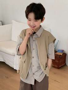 DAZY Tween Boy's Casual Solid Color Sleeveless Jacket, Summer Spring - Khaki - View 3