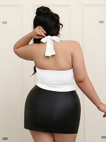 CovetEZ Plus Size Black Tie-Up Spaghetti Strap Crop Top - White - View 2