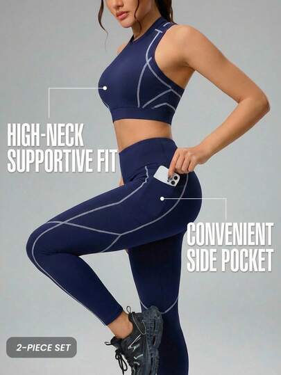 Innovista Women's Sleeveless Top And Capri Leggings Tennis Set, Blue 2-Piece Set. Features A High-Neck Sports Bra And High-Waisted Leggings, White Contrast Stitching, Breathable Mesh Back, Side Phone Pocket, Removable Bra Pads, Shaping And Lifting For A Lifted Buttock. Suitable For Fitness, Yoga, Pilates, Running | Sports Set | Gym Set Active Wear Sets Workout Curve Activewear Sets Active Sets For Women Workout Set Women Workout Sets Women With Pocket