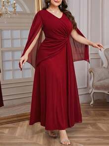 Reflora 大码女式纯色斗篷袖褶皱设计优雅连衣裙 - 紅色 - 查看 2