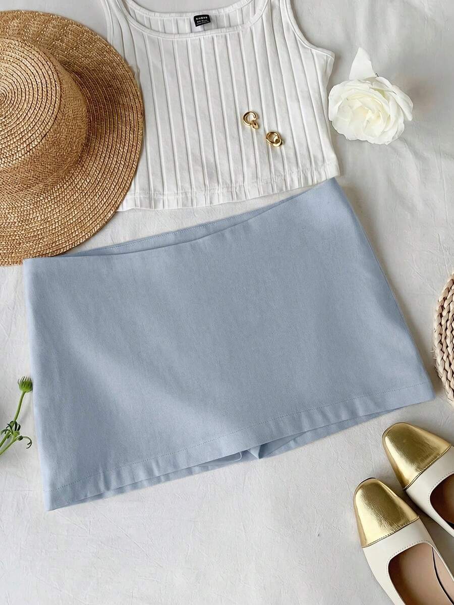 Comfortcana Light Blue Linen Mini Low-Waist Skirt, Summer - Baby Blue - View 1