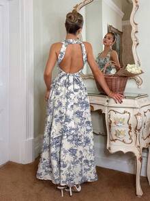 Glamine Charm Women's Elegant White And Blue Summer Cottage Core Tea Party Floral Backless Maxi Dress,Sleeveless Square Neck Bow Back Side Slit Flowy Beach Dress - Multicolor - View 4