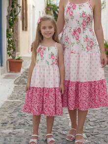 SHEIN Young Girls Pink Ditsy Floral Dress, Girls White Summer Party Ditsy Floral Contrast Color Polka Dot Spaghetti Strap Sleeveless Tiered Flowy Sundress - Pink - View 10