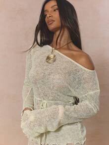 MUSERA 露肩系带腰身针织长款荷叶边下摆上衣（单件上衣）可爱春日假日少女风 Sugar Salt - 薄荷綠 - 查看 2