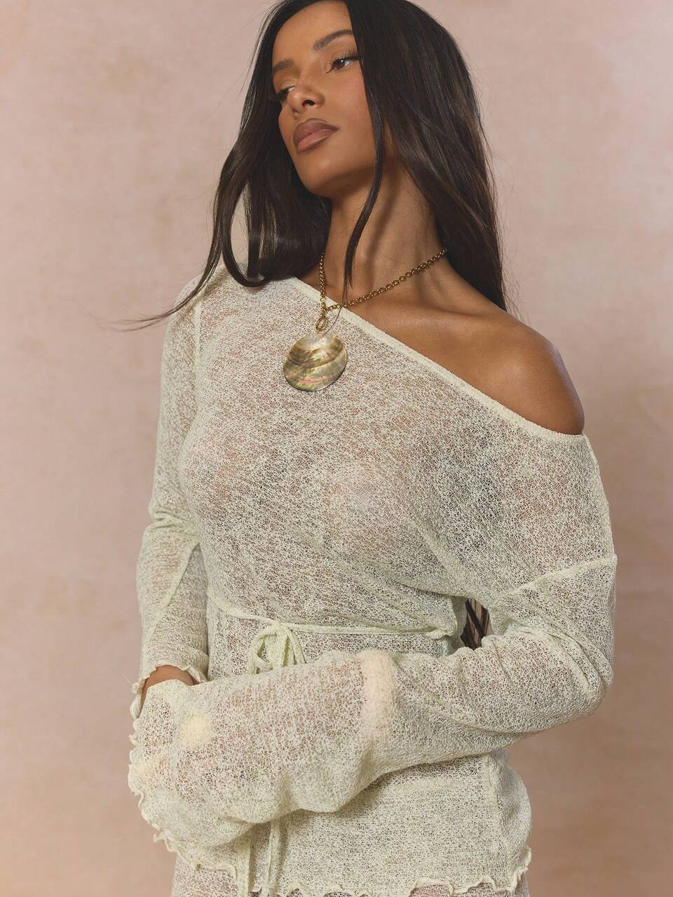 Off The Shoulder Tie Waist Knitted Longline Ruffled Hem Top Coord Top Only Cute Spring Holiday Girly Sugar Salt Summer Elegant Mothers Day