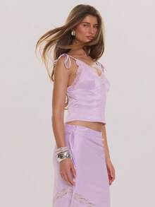 MUSERA Áo hai dây cài cúc viền ren satin, kiểu dáng thanh lịch, thích hợp cho mùa xuân hè, đám cưới, kỳ nghỉ, lễ hội, tuần trăng mật, quán cà phê. - Màu tím hoa cà - Xem 3