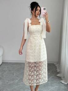 Elenzga Women's Lace Patchwork Shoulder Knot Elegant Waist Cinched Midi Party Dress - Multicolor - View 3