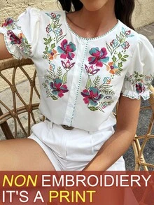 Selianne Women's White Floral Floral Printed Fashionable Holiday Style Shirt,Summer Boho Blouses,Modest Vacation Summer Tops Vacation - Multicolor - View 3