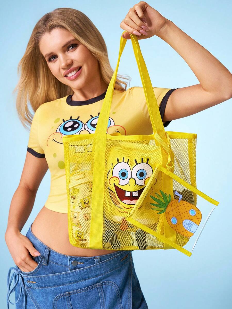 SpongeBob SquarePants | SHEIN 1 Cute Cartoon Character Pattern Mesh Tote Bag, Beach Bag, With Anti-Splashing Material Small Bag, Can Store Mobile Phones And Other Small Objects, Suitable For Commuting, Sports, Leisure, Outings, Suitable For Swimming, Large Capacity, Yellow - Yellow - View 1