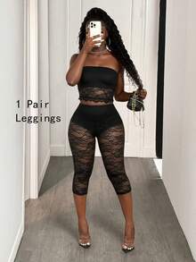 BamGleam 女士时尚性感蕾丝 3/4 长紧身裤 - 黑色 - 查看 1