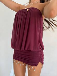 Aloruh Đầm ngắn dệt kim không dây màu tím, đầm ngắn tua rua phong cách Bohemian cho kỳ nghỉ, đầm màu trơn phong cách lễ hội âm nhạc Y2K. - Màu đỏ tím - Xem 4