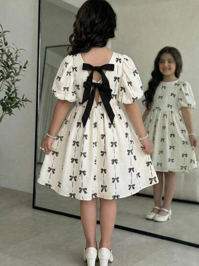 SHEIN Tween Girl Loose Elegant Round Neck Puff Sleeve Bow Decor Mid-Length Dress