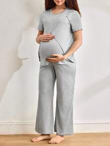 Moonlight&Mama 孕妇纯色圆领短袖上衣和裤子家居服 - 淺灰色 - 查看 3