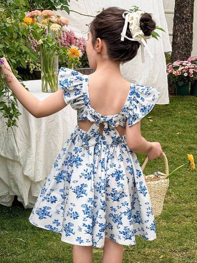LMoss Kids Young Girl Elegant Bowknot Decor Ruffle Trim Floral Print Fit & Flare Dress