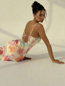 Aloruh Vacation Spaghetti Strap Tie-Up Bodycon Floral Print Dress For Women, Spring/Summer,Summer Dresses For Women - Multicolor - View 3