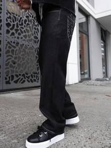 Artur Kramer 男士几何图案口袋直筒休闲牛仔裤，适合外出聚会、通勤、度假、街头、垃圾摇滚风 - 黑色 - 查看 4