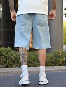 Devon Thys Quần short denim Bermuda màu xanh nhạt, kiểu dáng thời trang dành cho nam, hoàn hảo cho mùa hè thư giãn, quần short denim ống rộng rộng rãi cho bạn trai và chồng khi đi chơi - Rửa nhẹ - Xem 2
